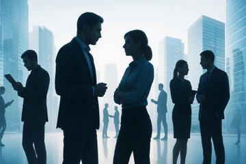 Poster - Business professionals interacting in modern cityscape with light blue background and creative silhouette style emphasizing collaboration concept.