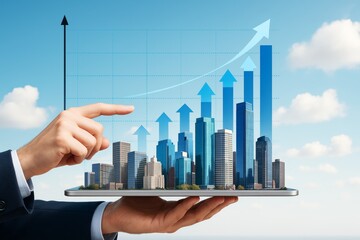 Poster - Businessman holding tablet with growing city skyline and rising bar chart arrows representing success and urban economic growth on blue background.