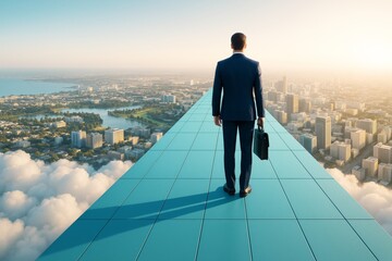 Poster - Businessman standing on futuristic rooftop walkway above cityscape with clouds, looking at sunrise in bright light background, symbolizing vision and ambition.