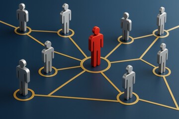 Poster - Leadership and team network concept with red figure in center connected to silver figures on dark background showing business structure and communication.