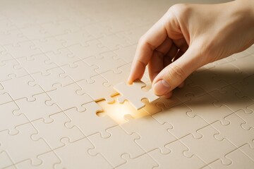 Poster - Hand placing last puzzle piece with glowing light on beige background, symbolizing solution, completion, and abstract business concept.