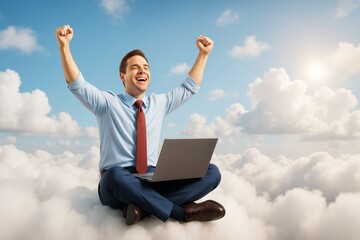 Poster - Happy businessman sitting on clouds with laptop, celebrating success under bright sky with light clouds in creative business background concept.