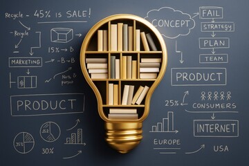 Poster - Golden light bulb-shaped bookshelf filled with books against chalkboard business background with marketing and product strategy diagrams.