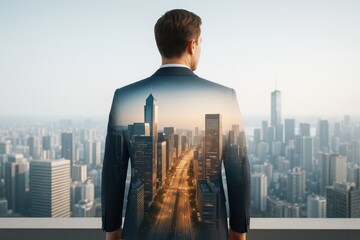 Poster - Businessman overlooking cityscape with double exposure of skyscrapers and roads symbolizing vision and leadership in modern urban development.