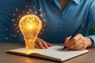 Poster - Person writing in notebook with glowing polygonal light bulb floating above, symbolizing innovative business ideas and creativity concept.