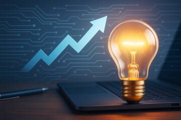 Poster - Glowing light bulb on laptop with upward arrow and circuit pattern on dark background symbolizing innovation and business growth concept.