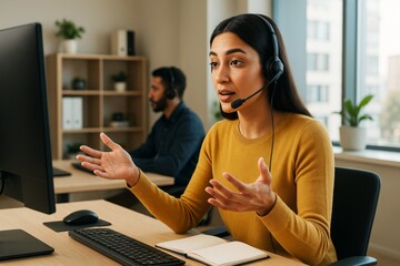 Aufkleber - Female customer support representative in headset talking during video call at modern office desk with background colleague and light interior setup.