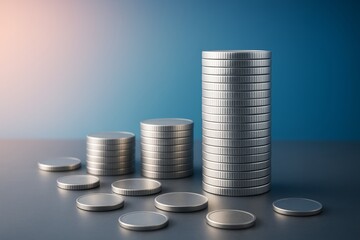 Poster - Stacks of silver coins arranged in ascending order on a smooth surface with gradient blue light background, symbolizing financial growth and business success.