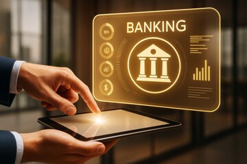 Poster - Businessman interacting with futuristic banking interface using tablet in modern office environment, conceptualizing digital finance innovation.