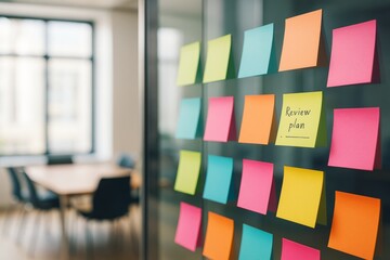 Poster - Colorful sticky notes on office glass wall with 