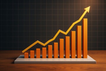 Poster - Business growth chart with orange bars and rising arrow on dark grid background with warm light on wooden surface. Ai generative.