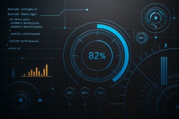 Poster - Futuristic digital dashboard interface with circular progress indicators and code on a dark background for business technology concept.
