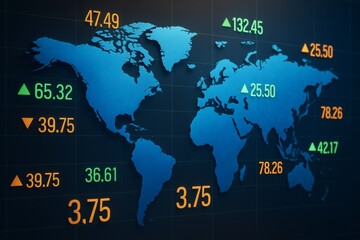 Poster - Global stock market data with abstract blue world map and fluctuating index numbers on dark background for business concept illustration.