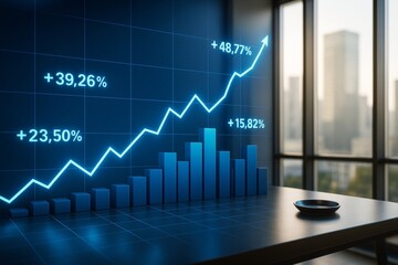 Poster - Abstract business data chart with glowing growth percentages in modern office background with natural light and city view through windows.