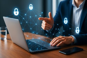 Poster - Businessman working on cybersecurity laptop with abstract digital padlocks and connections on dark background, symbolizing secure data protection.