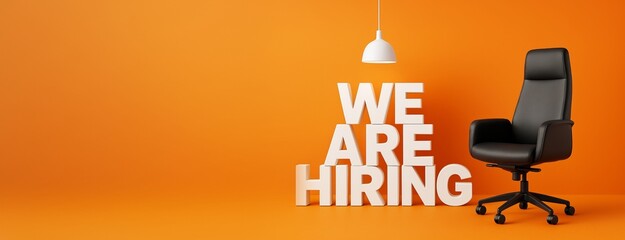 Poster - We are hiring concept with empty office chair under lamp on vibrant orange background with bold text and clean business promotion layout.