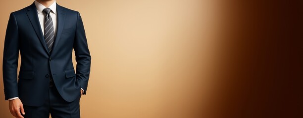 Poster - Businessman in formal suit on beige brown gradient background with copyspace for professional promotion or advertising concept template.