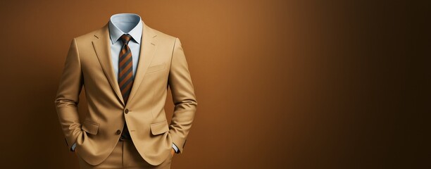 Poster - Business suit mockup with striped tie on brown abstract background, ideal for advertising, promotion, or clean design template with copyspace.