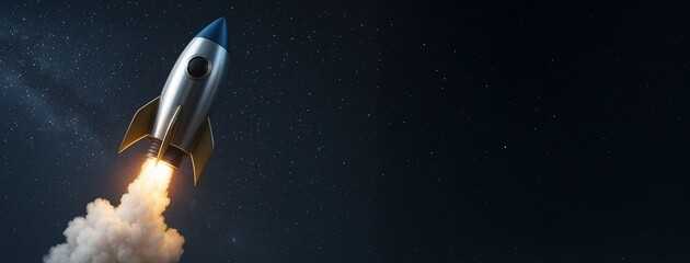Poster - Rocket launching into starry night sky with copyspace on right side, concept for startup, innovation or business promotion background template.