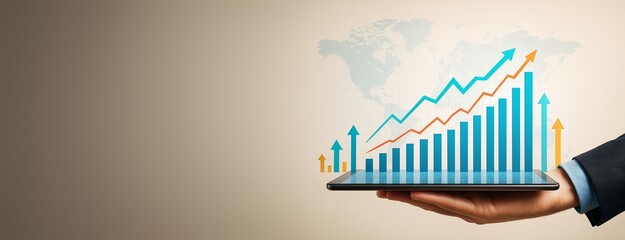 Poster - Businessman hand holding digital tablet with rising bar and line charts showing financial growth on light background with copyspace for promotion.
