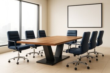 Poster - Modern meeting room with wooden table, executive chairs, and blank poster on light wall for business branding or creative promotion mockup design.