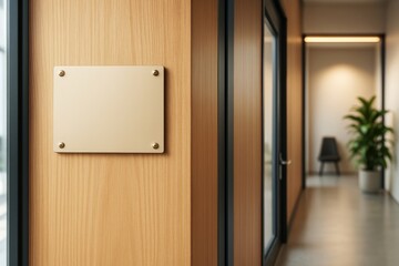 Poster - Blank metal sign plate on wood wall in modern office hallway with clean design and soft light, perfect for branding or business mockup display.