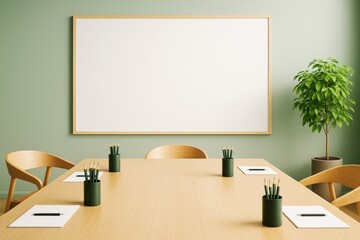 Poster - Modern meeting room with blank whiteboard, wooden table, green walls, and minimal design for business presentation or branding mockup template.
