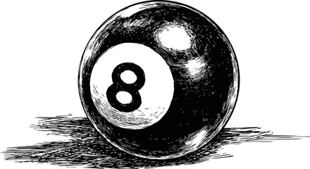 Poster - Hand-drawn black and white illustration of an eight ball on a textured surface. Vector illustration