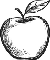 Poster - Black and white sketch of an apple with leaf, ink-style illustration. Vector illustration