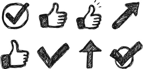 Aufkleber - Hand-drawn check marks and thumbs up icons in black. Vector illustration