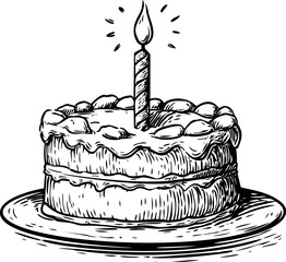 Poster - Sketch of a cake with a single candle on a plate, monochrome illustration. Vector illustration