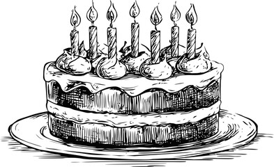 Poster - Sketch of a birthday cake with candles on a plate, hand-drawn illustration. Vector illustration