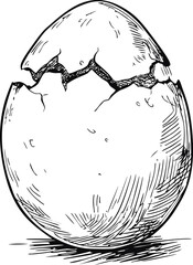 Aufkleber - Cracked eggshell in black and white sketch style on a plain background. Vector illustration
