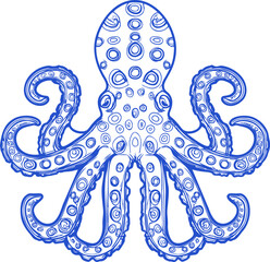 Poster - Blue line art drawing of an octopus with detailed tentacle patterns. Vector illustration