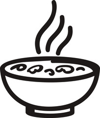 Poster - Line drawing of a steaming bowl of soup with noodles and steam lines. Vector illustration