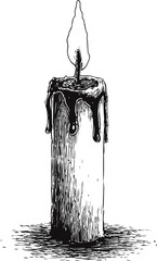 Poster - Black and white illustration of a melting candle with flame, conceptual design. Vector illustration