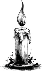 Aufkleber - Black and white illustration of a melting candle with a tall flame. Vector illustration