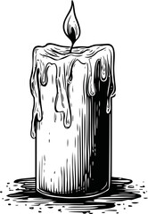 Poster - Illustration of a melting candle with dripping wax in black and white line art. Vector illustration