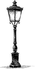 Poster - Black and white sketch of vintage street lamp post, elegant art concept. Vector illustration
