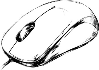 Aufkleber - Ink drawing of a black and white computer mouse with cable, artistic sketch. Vector illustration