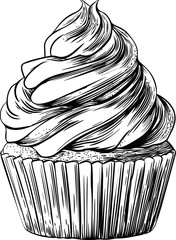 Poster - Detailed black and white illustration of a cupcake with swirled frosting. Vector illustration