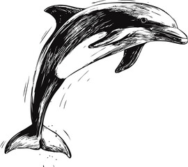 Aufkleber - Detailed black and white drawing of a leaping dolphin in motion. Vector illustration