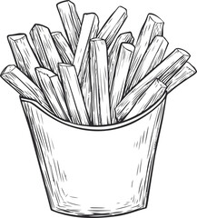 Poster - Sketch of crispy french fries in a paper cup, hand-drawn food illustration. Vector illustration