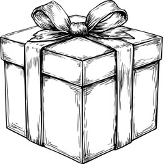 Poster - Illustration of a gift box with ribbon in black and white ink drawing. Vector illustration