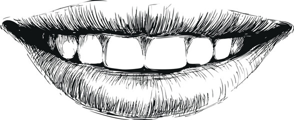 Poster - Sketch of a smiling mouth with teeth in black and white, hand-drawn illustration. Vector illustration