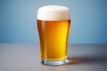 Poster - Pint glass of golden beer with foam head on clean surface and light blue background for beverage branding and drink advertising concept mockup.