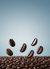 Aufkleber - Flying coffee beans above a pile on blue background with clean copy space for drink promotion or creative advertising poster template design.
