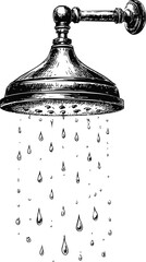 Poster - Detailed black and white illustration of a vintage shower head with water droplets. Vector illustration