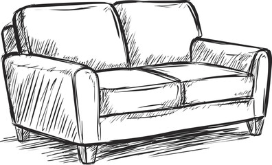 Poster - Black and white sketch of a two-seater sofa with detailed line art. Vector illustration