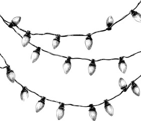 Poster - Black and white sketch of hanging string lights, vintage illustration style. Vector illustration